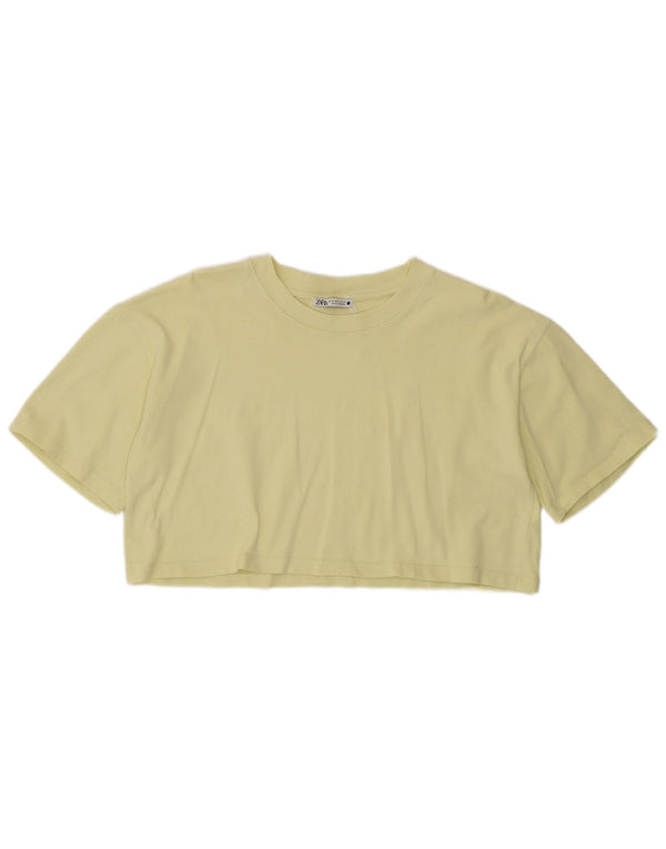 Zara Damen Kurzarm-Crop-T-Shirt-Oberteil UK 12 Mittelgelbe Baumwolle