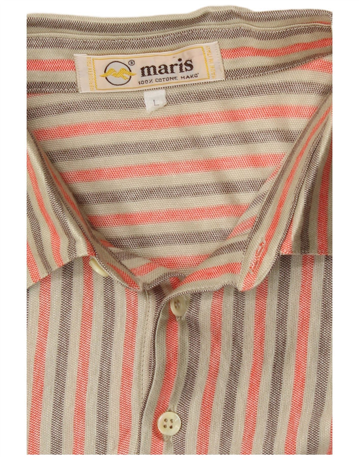 Vintage Herren Kurzarm-Pullover-Hemd, groß, beige gestreift, Baumwolle