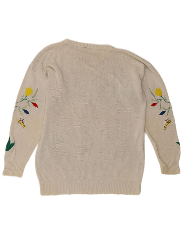 Vintage Damen Pullover mit grafischem U-Boot-Ausschnitt, Gr. 14, groß, weiß geblümt
