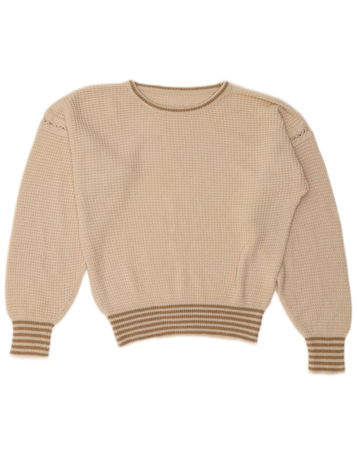 VINTAGE Damen Crop Rundhalspullover Pullover UK 16 Groß Weiß gestreift