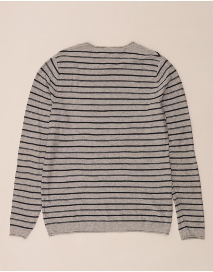 TOMMY HILFIGER Herren-Pullover mit Rundhalsausschnitt, mittelgrau gestreifte Baumwolle