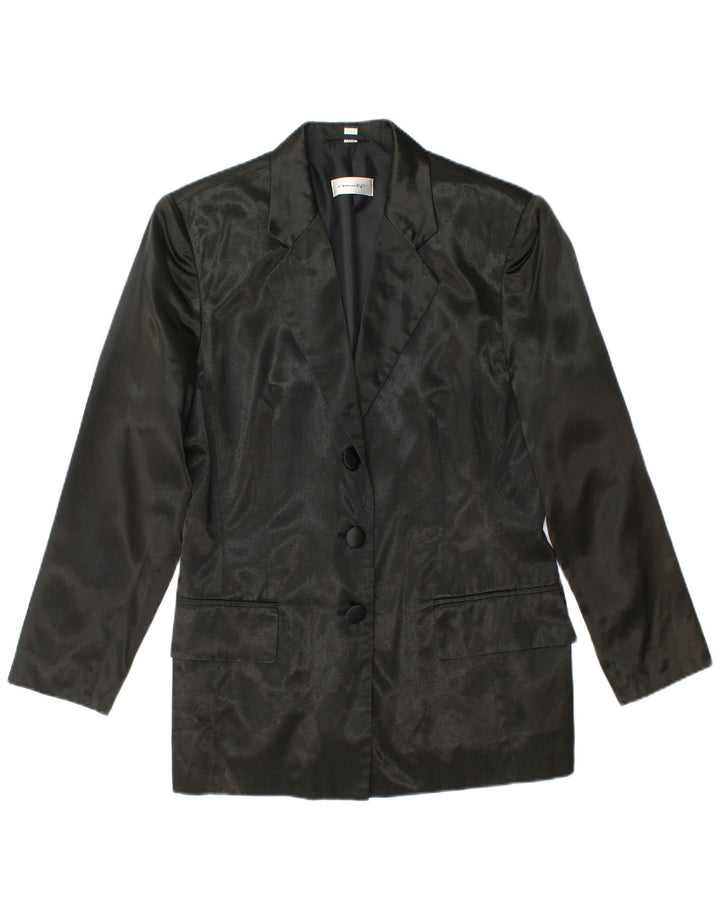VINTAGE Damen 3-Knopf-Blazerjacke UK 12 Mittelschwarze Viskose