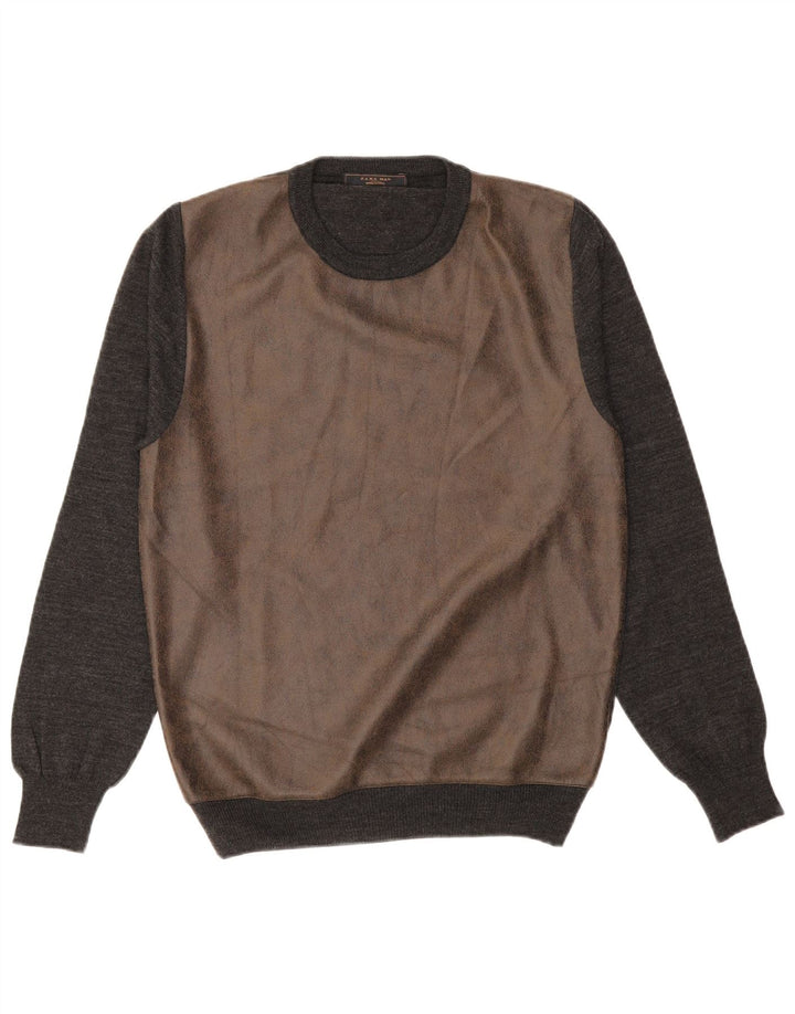 ZARA Herren-Pullover mit Rundhalsausschnitt, groß, Grau, Farbblock-Acryl