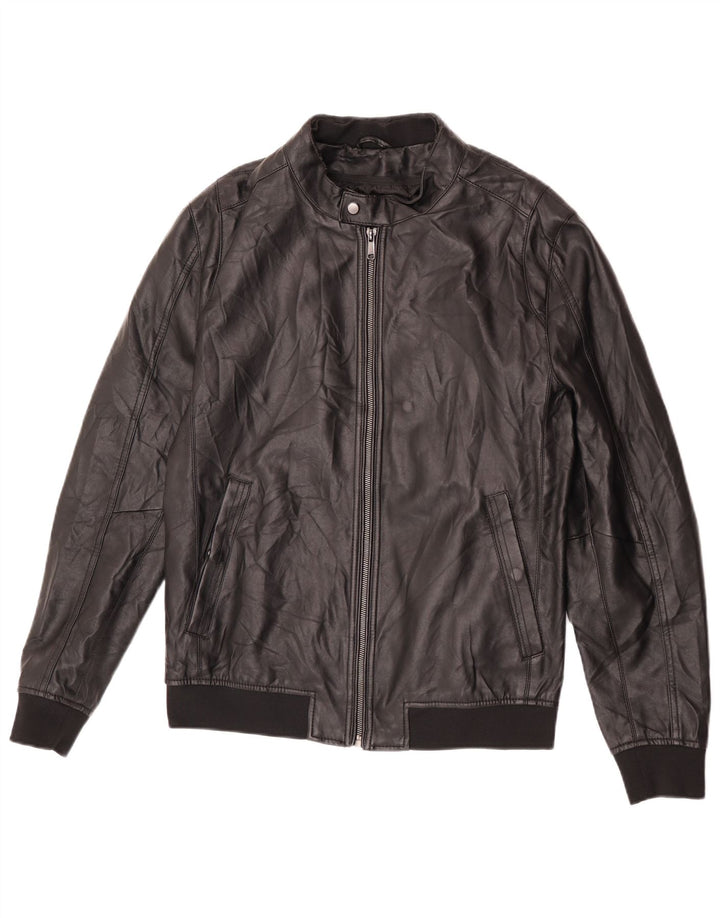 Zara Herren-Bomberjacke aus Kunstleder, Größe 40, Größe L, Schwarz, Polyester