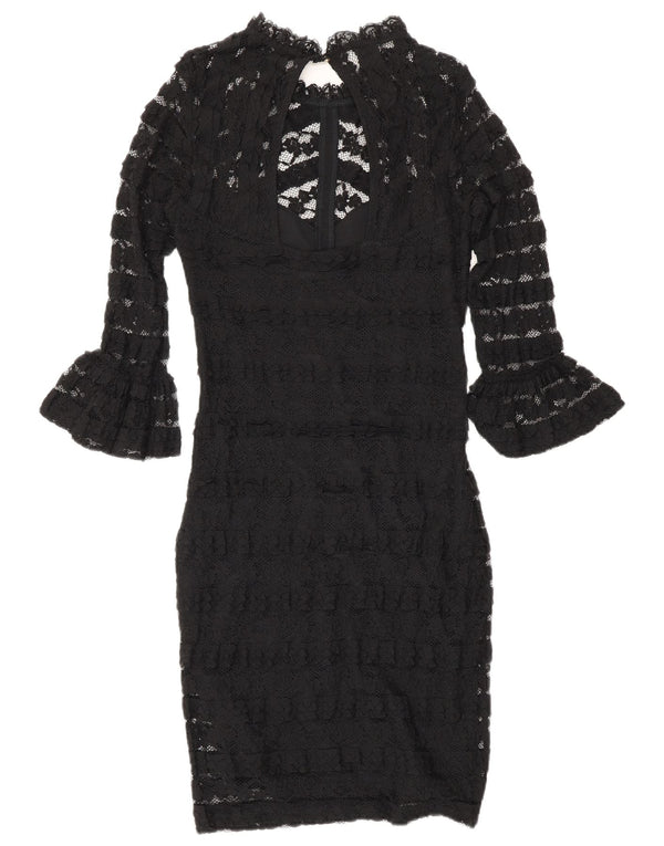 Lipsy Womens 3/4 Sleeve Lace Bodycon Dress UK 8 Small Black Floral Cotton