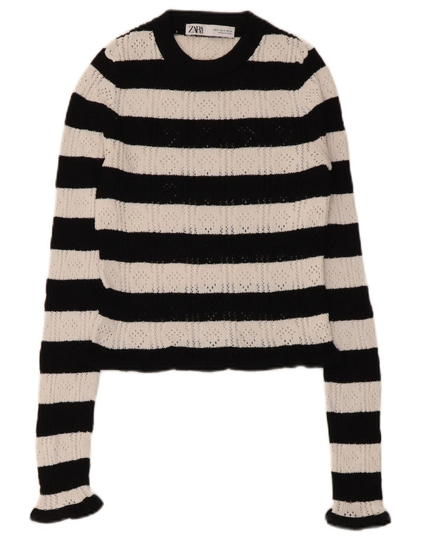 Zara Damen Crop Crew Neck Pullover Pullover UK 8 Small Schwarz gestreift