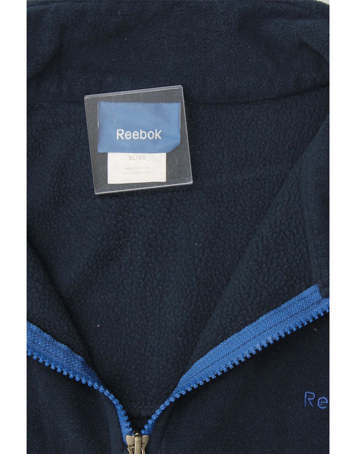 REEBOK Mens Zip Neck Fleece Jumper XL Navy Blue Colourblock Polyester Vintage Reebok and Second-Hand Reebok from Messina Hembry 