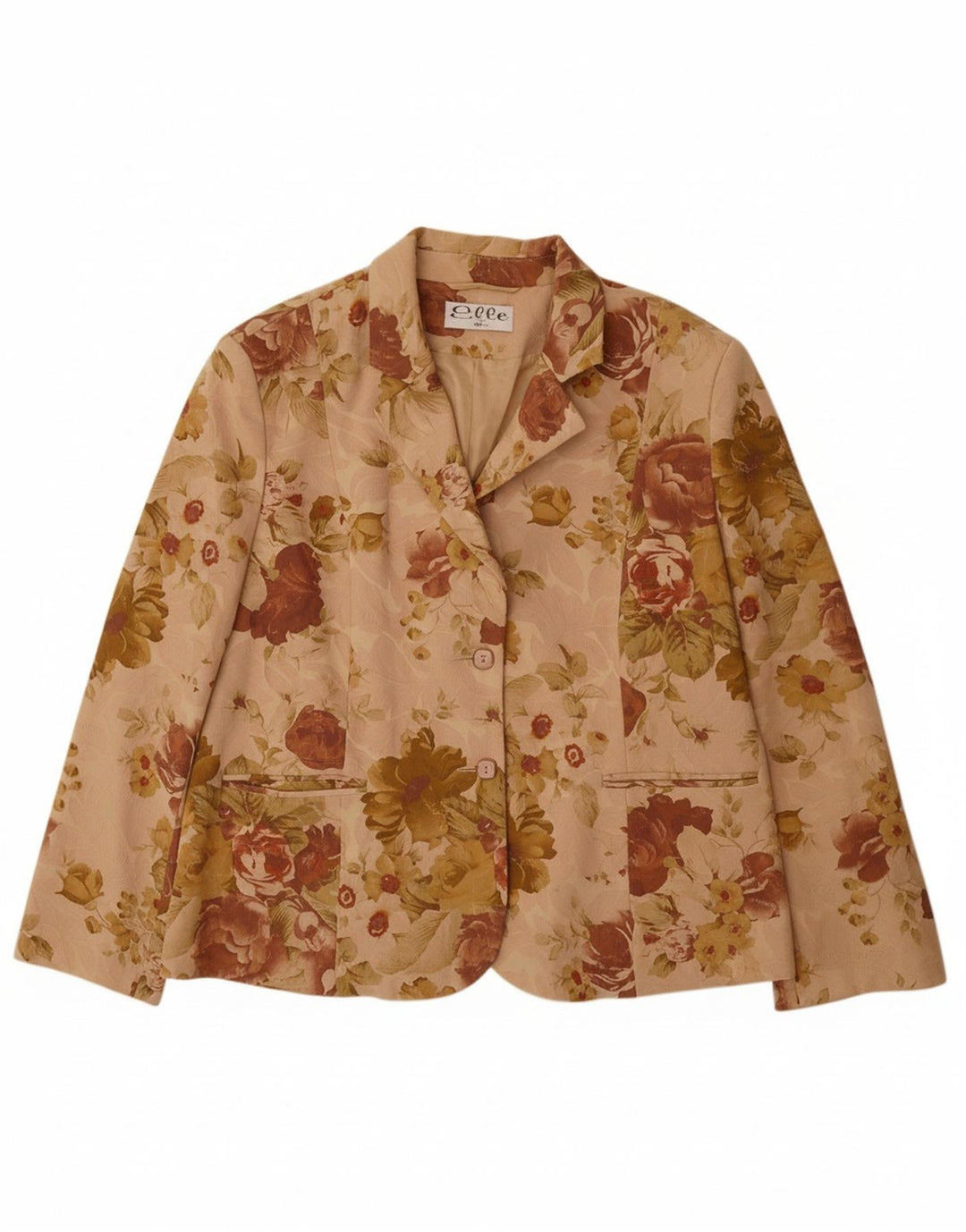 ELLE Damen-Blazerjacke mit 2 Knöpfen, UK 20, 2XL, beige, geblümte Baumwolle