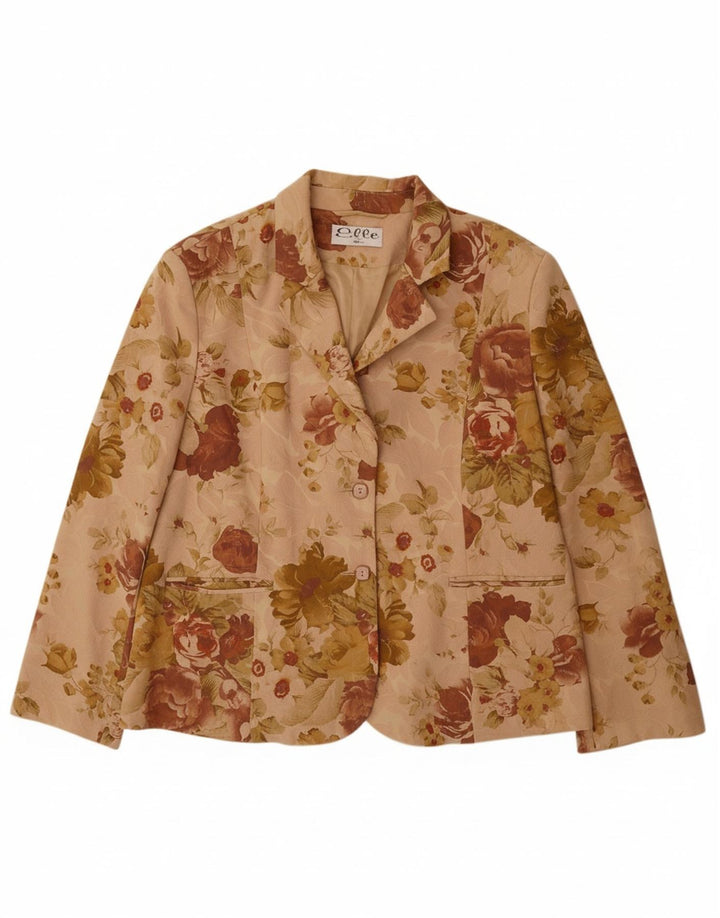 ELLE Damen-Blazerjacke mit 2 Knöpfen, UK 20, 2XL, beige, geblümte Baumwolle