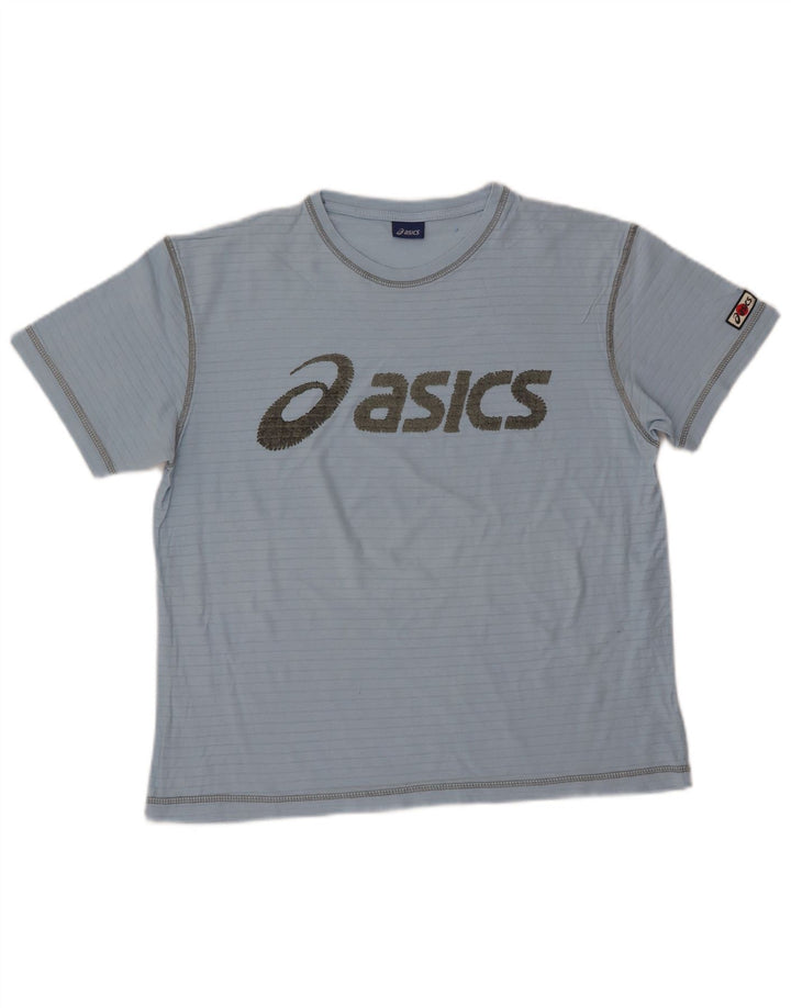 ASICS Damen Grafik-T-Shirt-Oberteil UK 14 Mittelblaue Nadelstreifen-Baumwolle