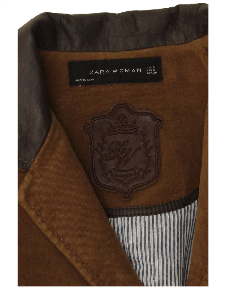 Zara Damen-Blazer mit 2 Knöpfen, UK 10, Größe S, braune Baumwolle