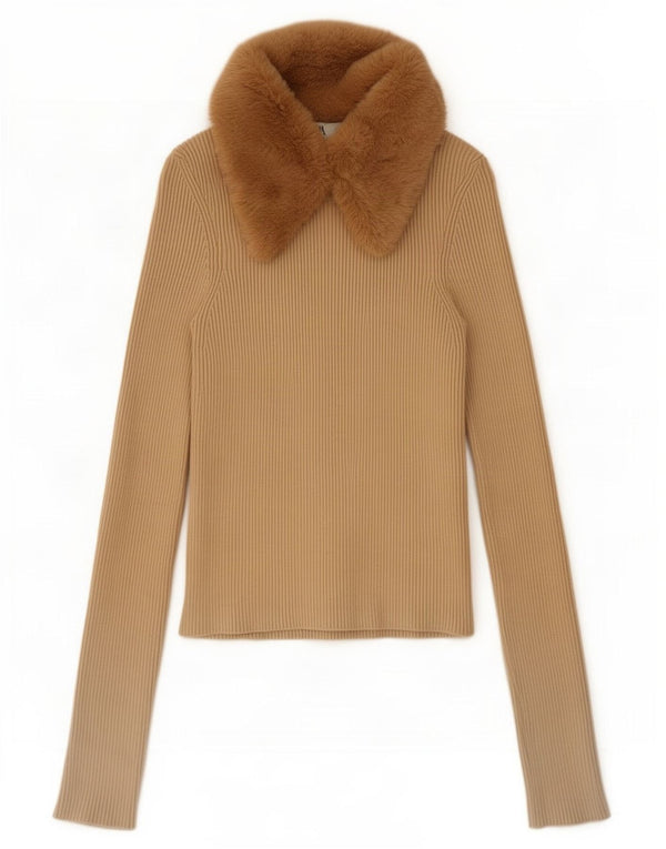 Zara Damen Crop Langarm-Poloshirt UK 8 Small Beige Colourblock