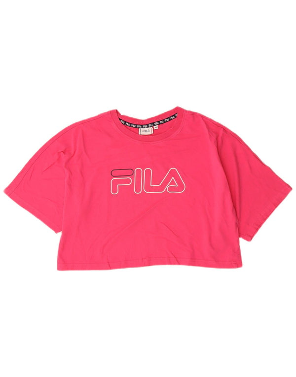 Fila Damen Crop Graphic T-Shirt Top UK 14 Mittelrosa Baumwolle