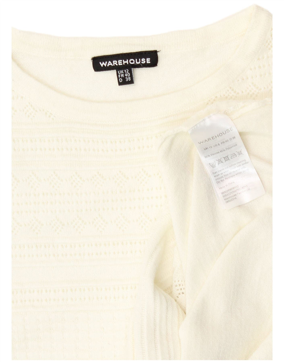 Warehouse Damen-Pullover mit Rundhalsausschnitt, Gr. 12, mittlere, cremefarbene Viskose