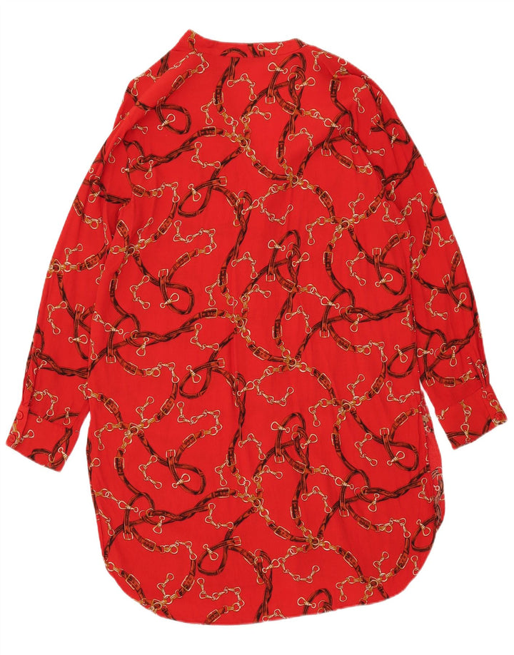 Zara Damen Langarm-Hemdkleid mit abstraktem Muster, UK 16, Größe L, Rot