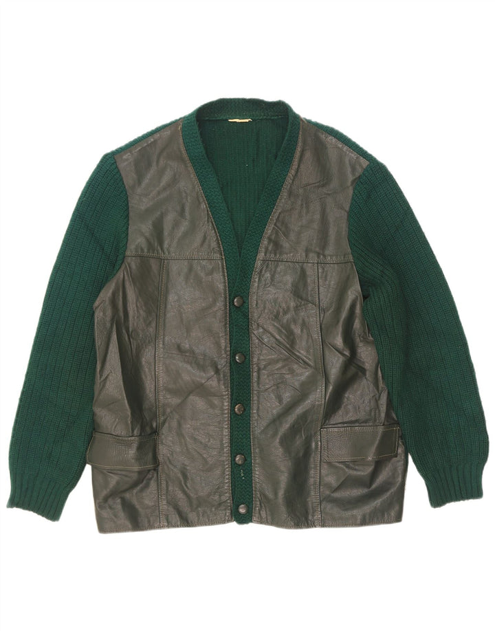 Vintage Herren Leder Cardigan Pullover EU 50 Mittelgrün
