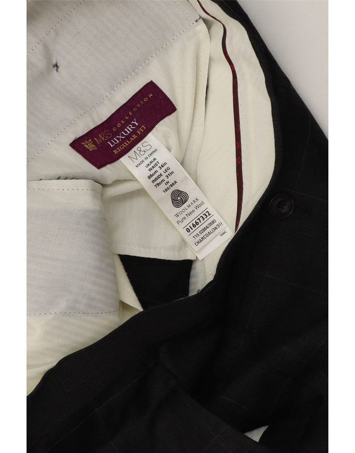 MARKS & SPENCER Herren-Anzughose mit normaler Passform, W34, L31, grau karierte Wolle