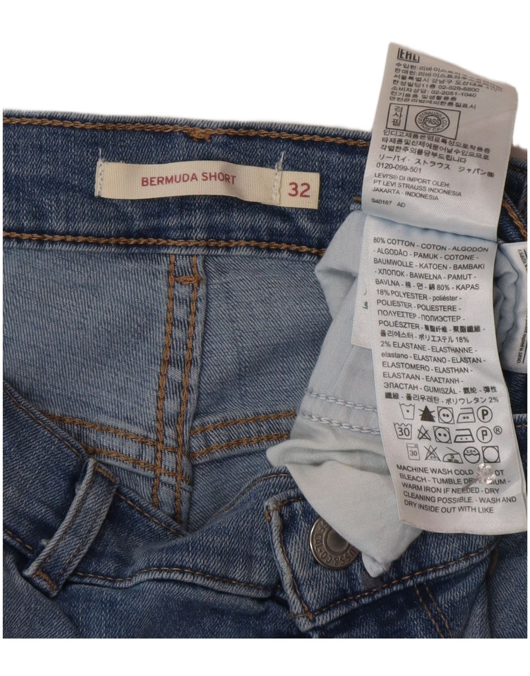 LEVI'S Damen-Bermuda-Jeansshorts im Distressed-Look, W32, groß, aus blauer Baumwolle