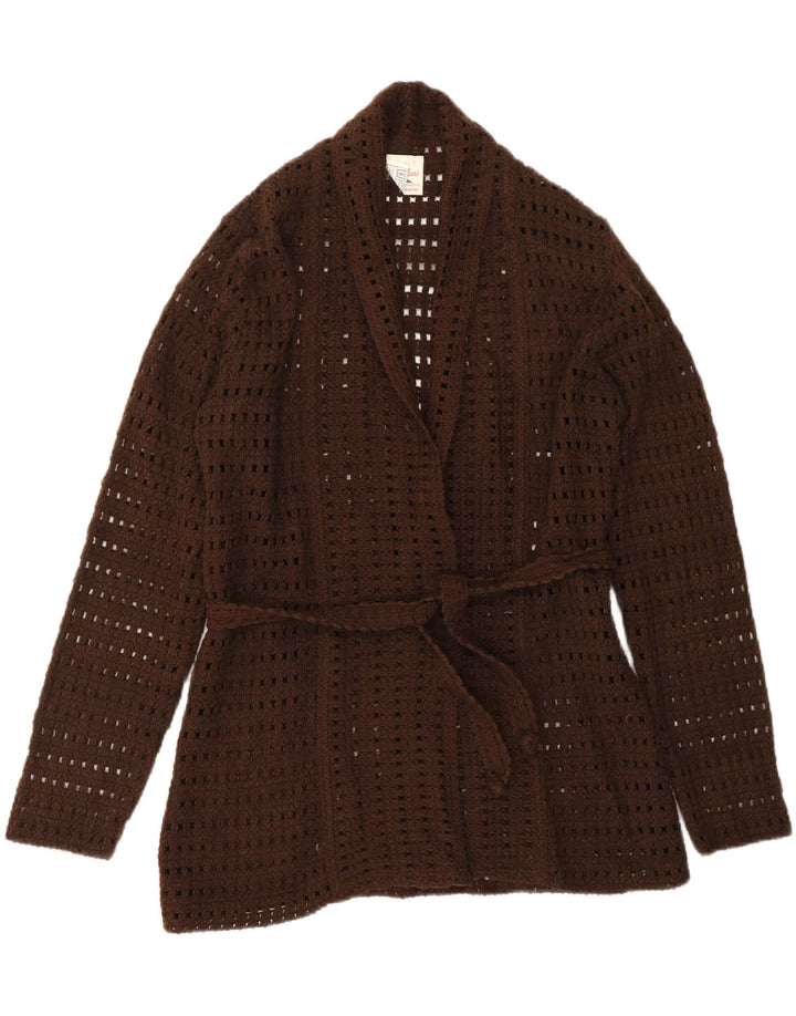 VINTAGE Damen Häkel-Cardigan-Pullover UK 14 Großes braunes Acryl