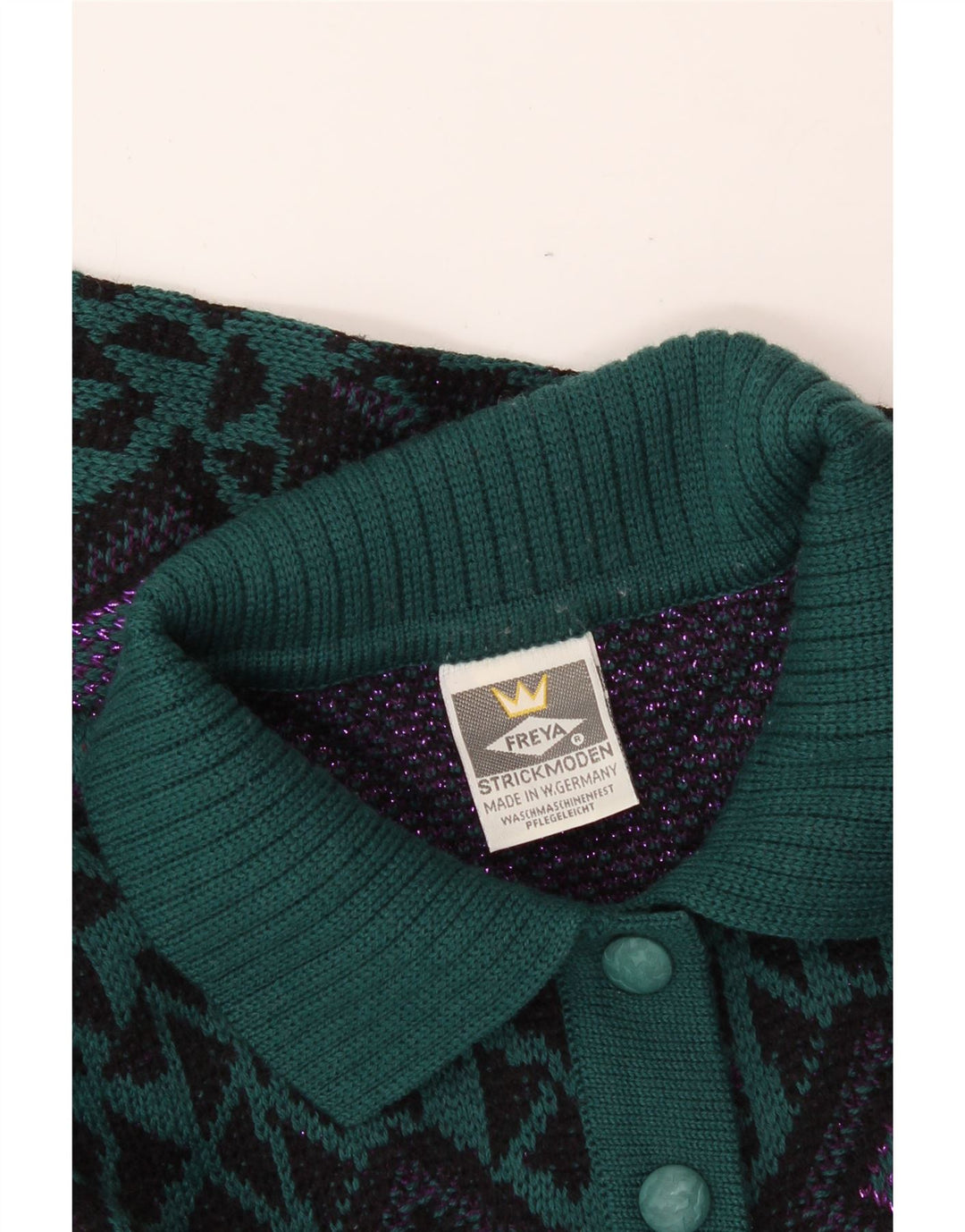 FREYA Womens Abstract Pattern Polo Neck Jumper Sweater UK 14 Medium Green Vintage Freya and Second-Hand Freya from Messina Hembry 