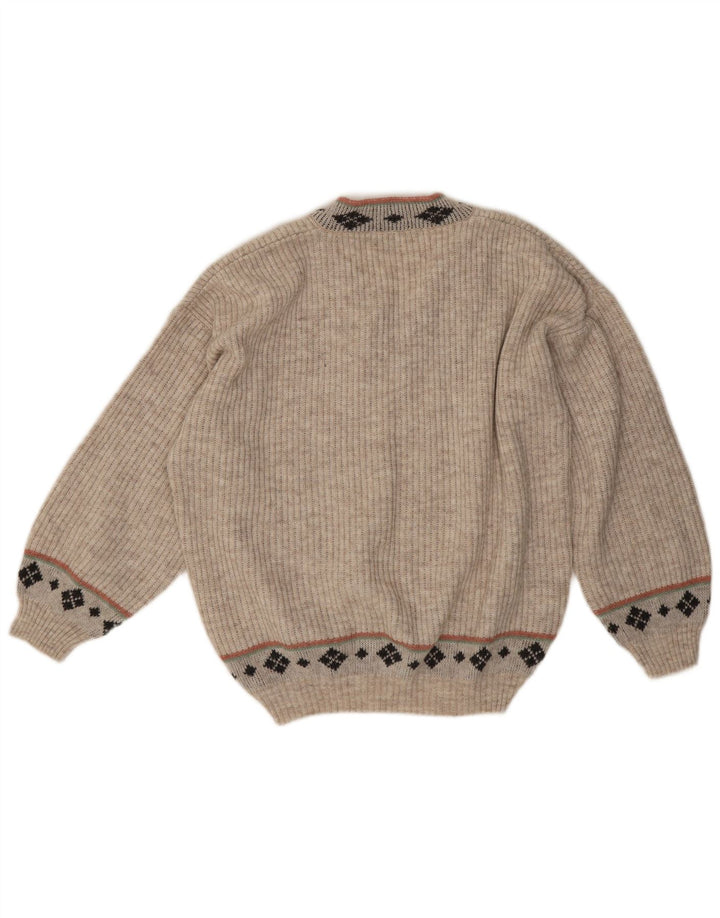 Vintage Herren V-Ausschnitt Pullover Pullover Medium Beige Geometrisch