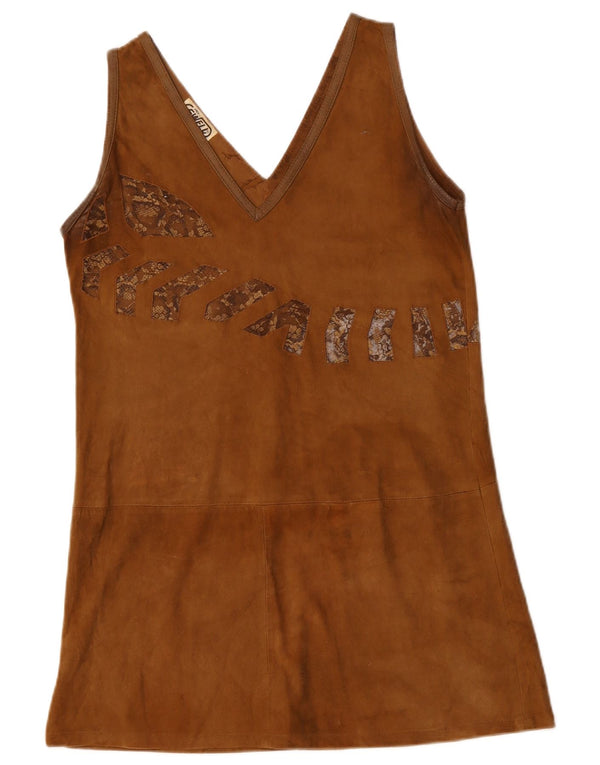 Vintage Damen Mini-Wildlederkleid UK 12 Medium Beige Animal Print