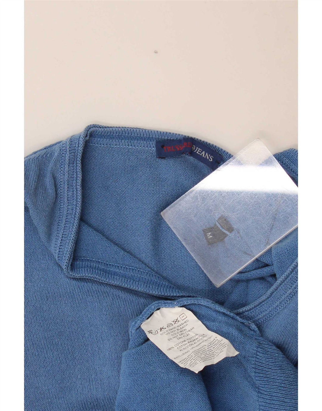 Trussardi Jeans Herren-Pullover mit V-Ausschnitt aus mittelblauer Baumwolle