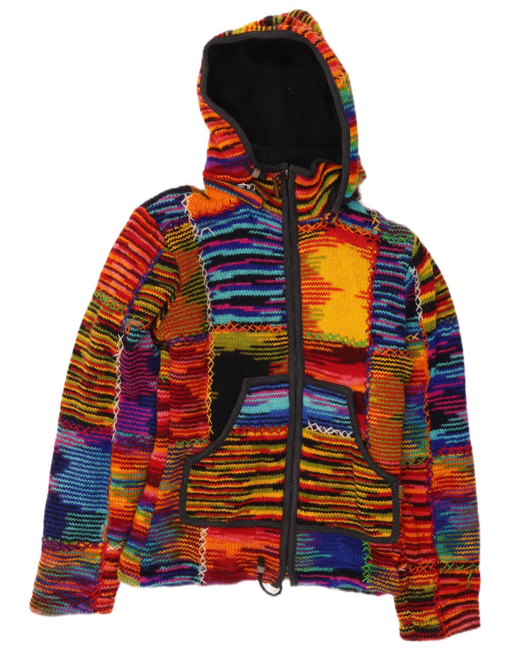 VINTAGE Damen Strickjacke mit Kapuze UK 12 Medium Mehrfarbig gestreift