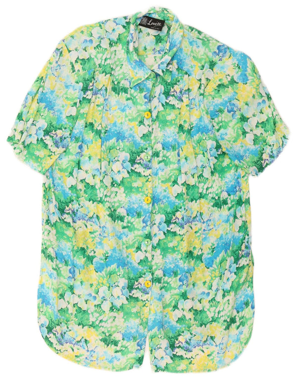 Vintage Damen Kurzarmshirt UK 14 Große grün geblümte Viskose