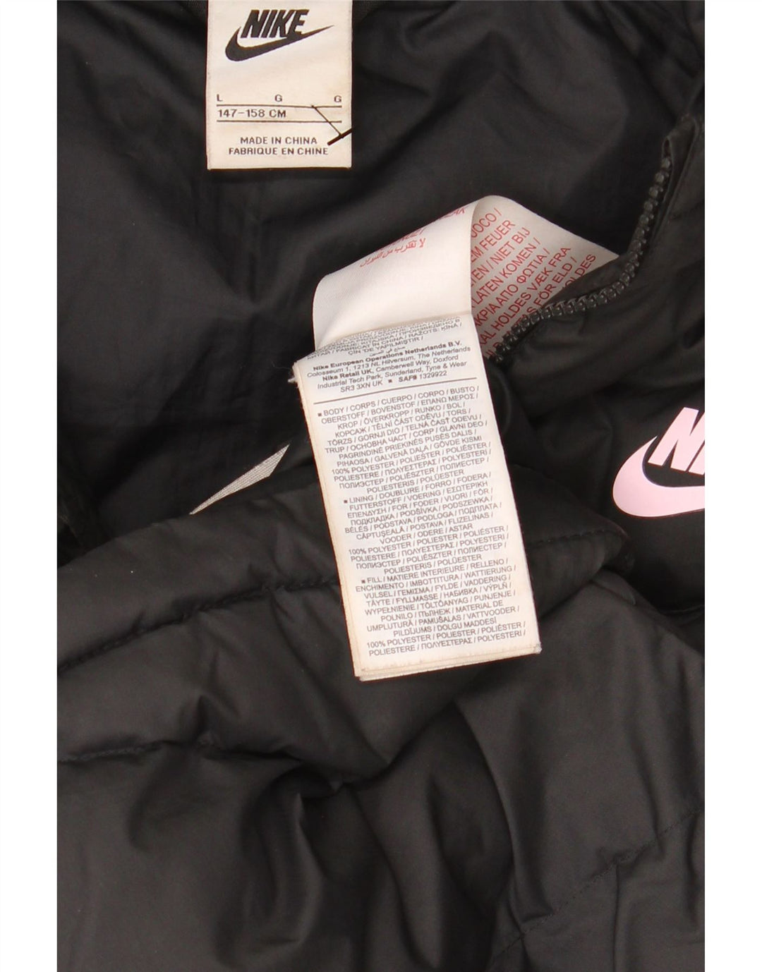 NIKE Jungen-Jacke mit Kapuze, gepolstert, 12–13 Jahre, Größe L, aus schwarzem Polyester