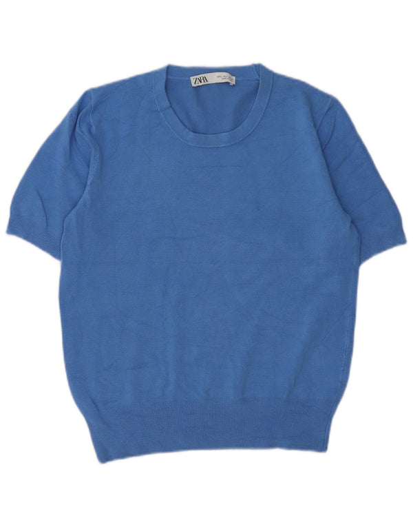 Zara Damen-Pullover, kurzärmelig, Rundhalsausschnitt, Gr. 40, Größe L, Blau
