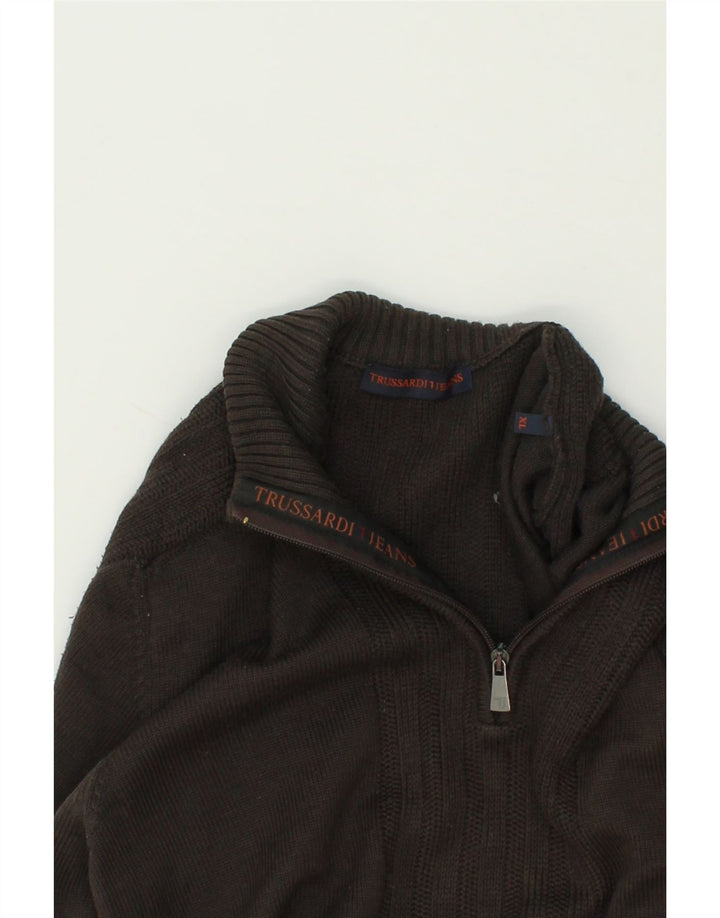 TRUSSARDI JEANS Mens Zip Neck Jumper Sweater XL Brown Vintage Trussardi Jeans and Second-Hand Trussardi Jeans from Messina Hembry 