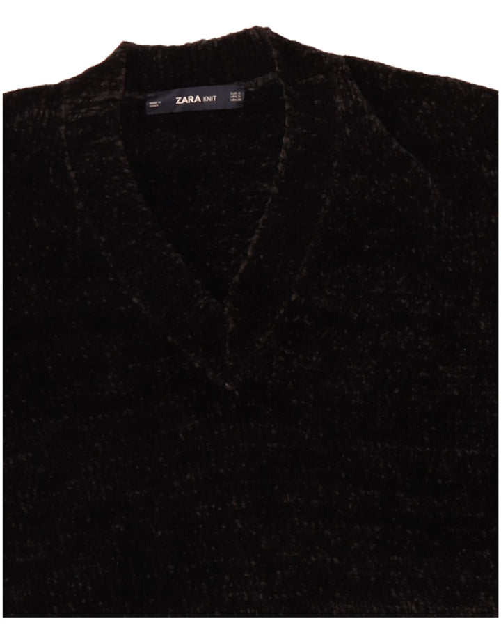 Zara Damen-Pullover aus Velours, übergroß, V-Ausschnitt, Gr. 10, Größe S, Schwarz