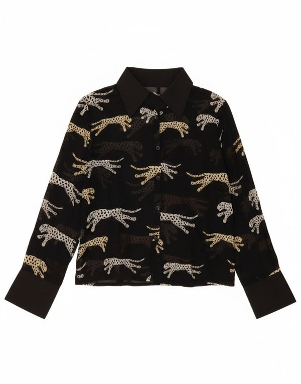 Vintage Damen Hemdbluse UK 14 Große schwarze Viskose mit Animal-Print