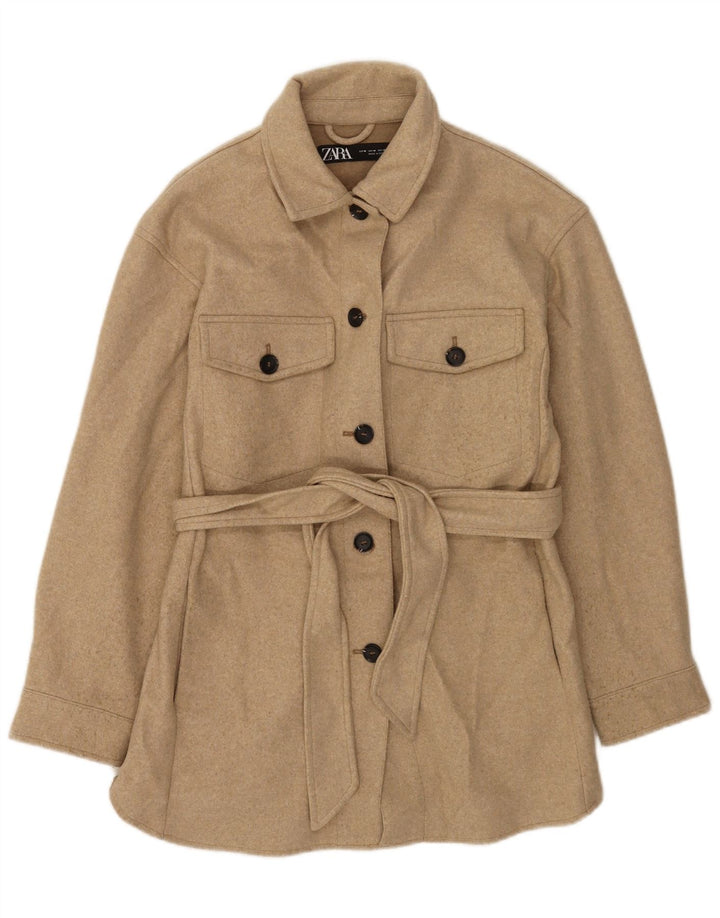 Zara Damen Mantel UK 14 Mittelbeige geflecktes Polyester