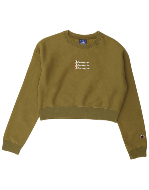 Champion Damen Crop Graphic Oversized Sweatshirt Pullover UK 6 XS Khaki