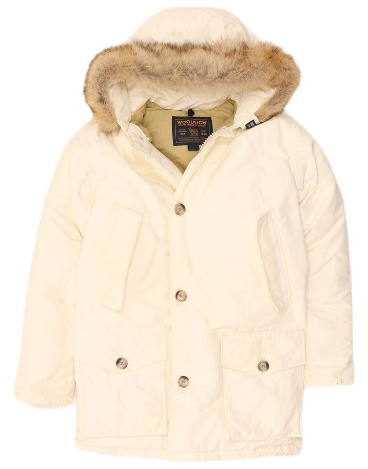 Woolrich Herren-Jacke mit Kapuze, gepolstert, UK 36, Größe S, weißes Nylon