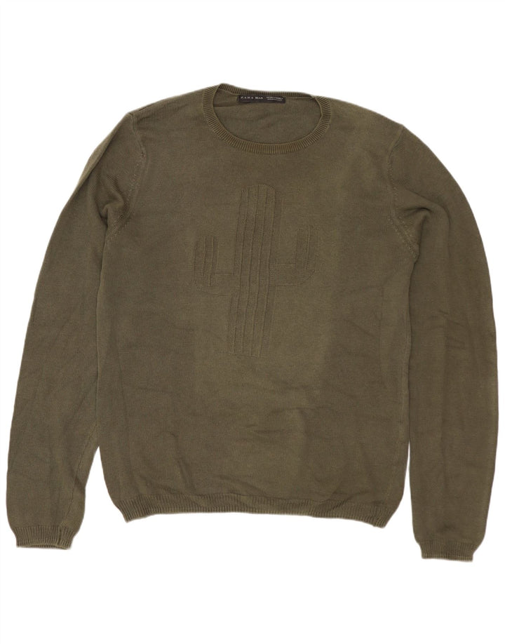 ZARA Herren-Pullover mit grafischem Rundhalsausschnitt, mittlere Khaki-Baumwolle