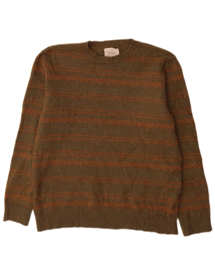White Stuff Herren-Pullover mit Rundhalsausschnitt, mittlerer Khaki-Streifen aus Wolle