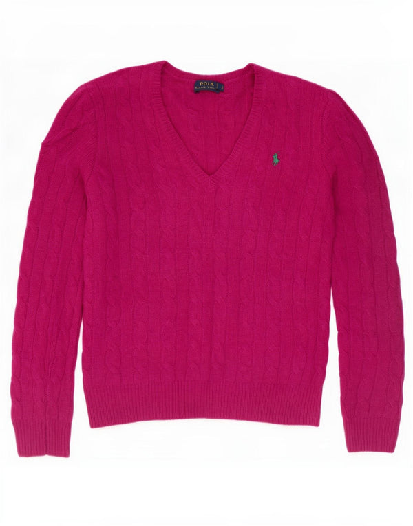 Polo Ralph Lauren Womens V-Neck Jumper Sweater UK 10 Small Pink Merino Wool