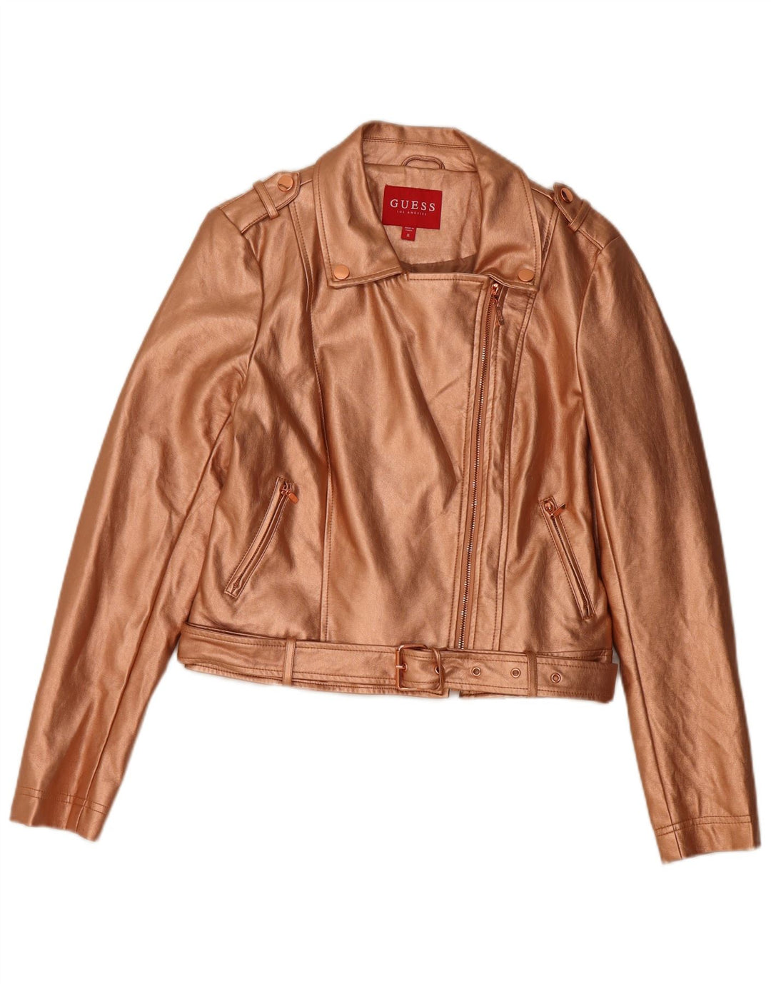 GUESS Damen Crop Kunstleder Bikerjacke UK 12 Medium Gold Polyurethan
