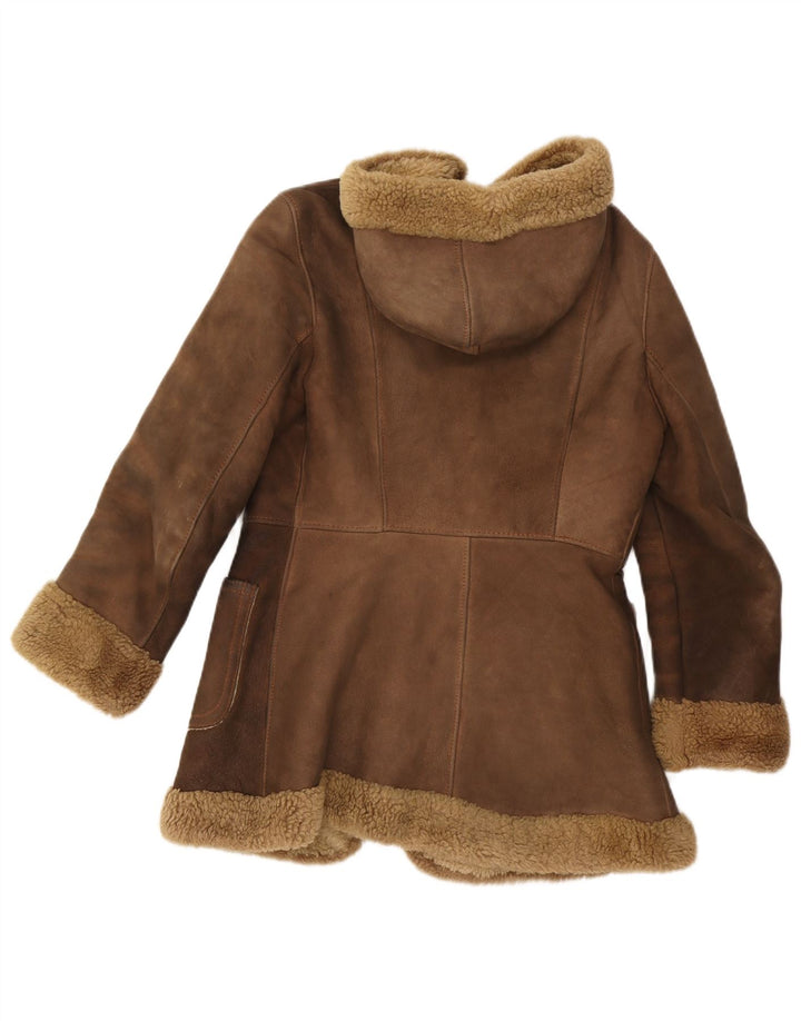 Vintage Damen Lammfelljacke mit Kapuze, UK 10, kleines braunes Leder