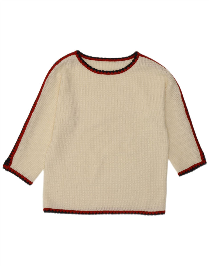 VINTAGE Damen Pullover mit 3/4-Ärmeln und U-Boot-Ausschnitt, UK 16, Größe L, Weiß