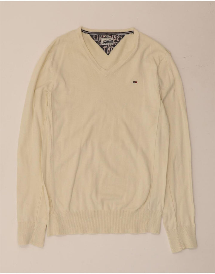 Tommy Hilfiger Herren-Pullover mit V-Ausschnitt, mittelbeige Baumwolle