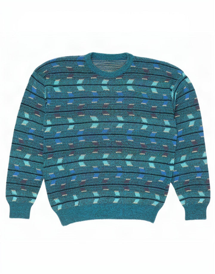 Vintage Herren Pullover mit Rundhalsausschnitt, mittelblau, geometrisch