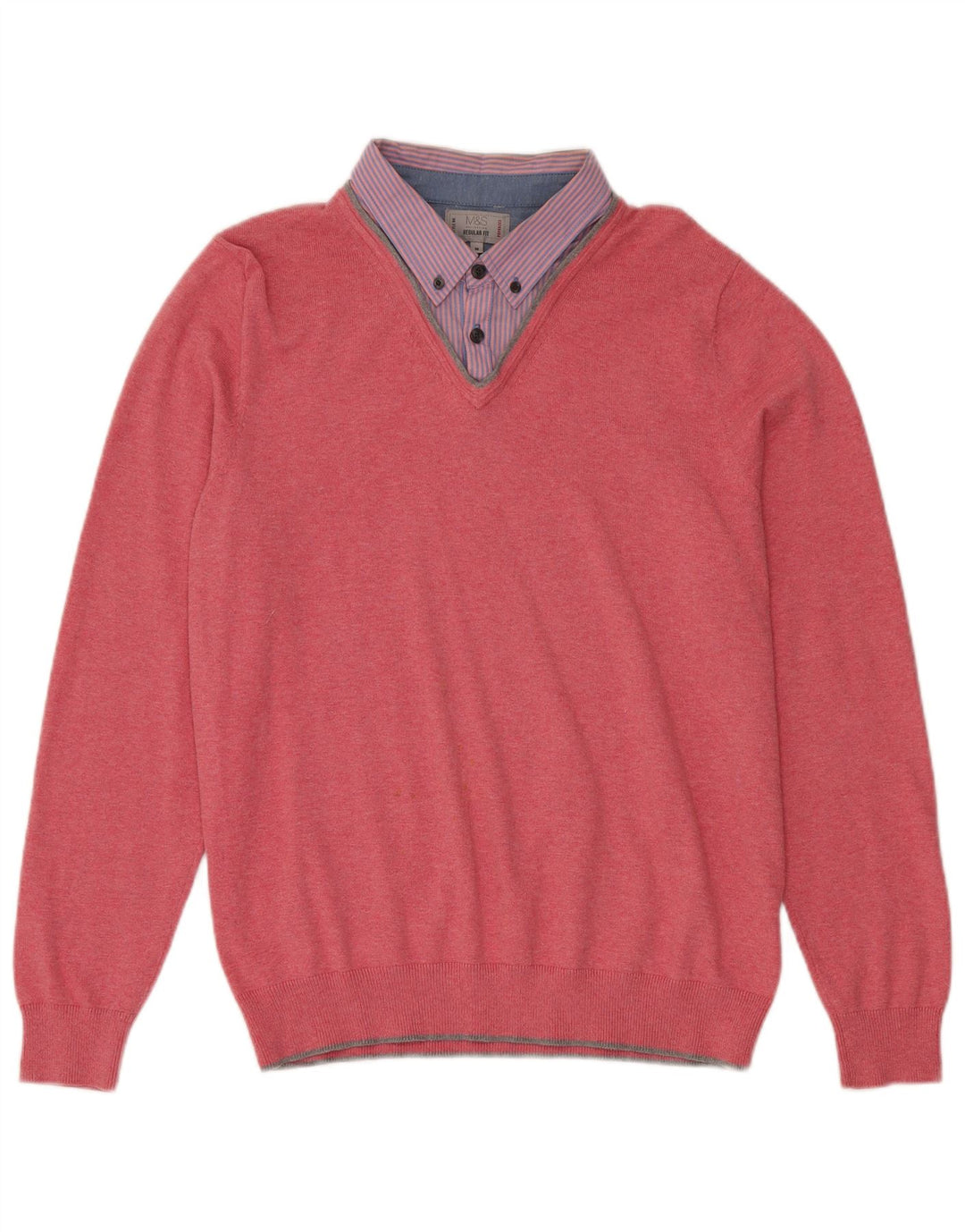Marks & Spencer Herren-Pullover mit normaler Passform und V-Ausschnitt aus mittelrosa Baumwolle