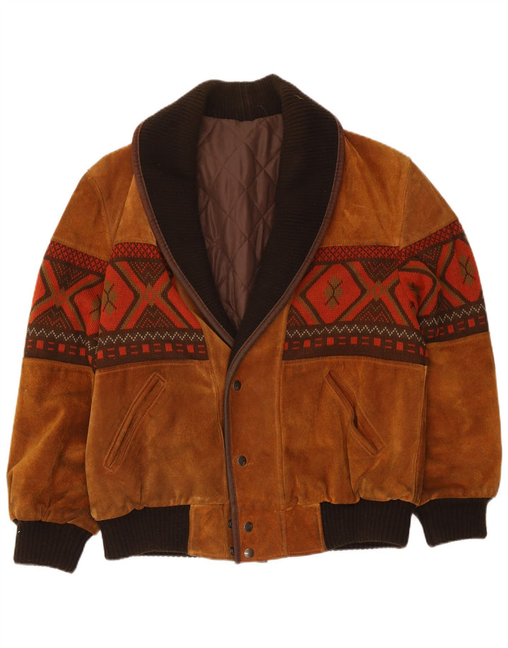 Vintage Herren Wildleder Bomberjacke UK 40 Große beige geometrische Viskose