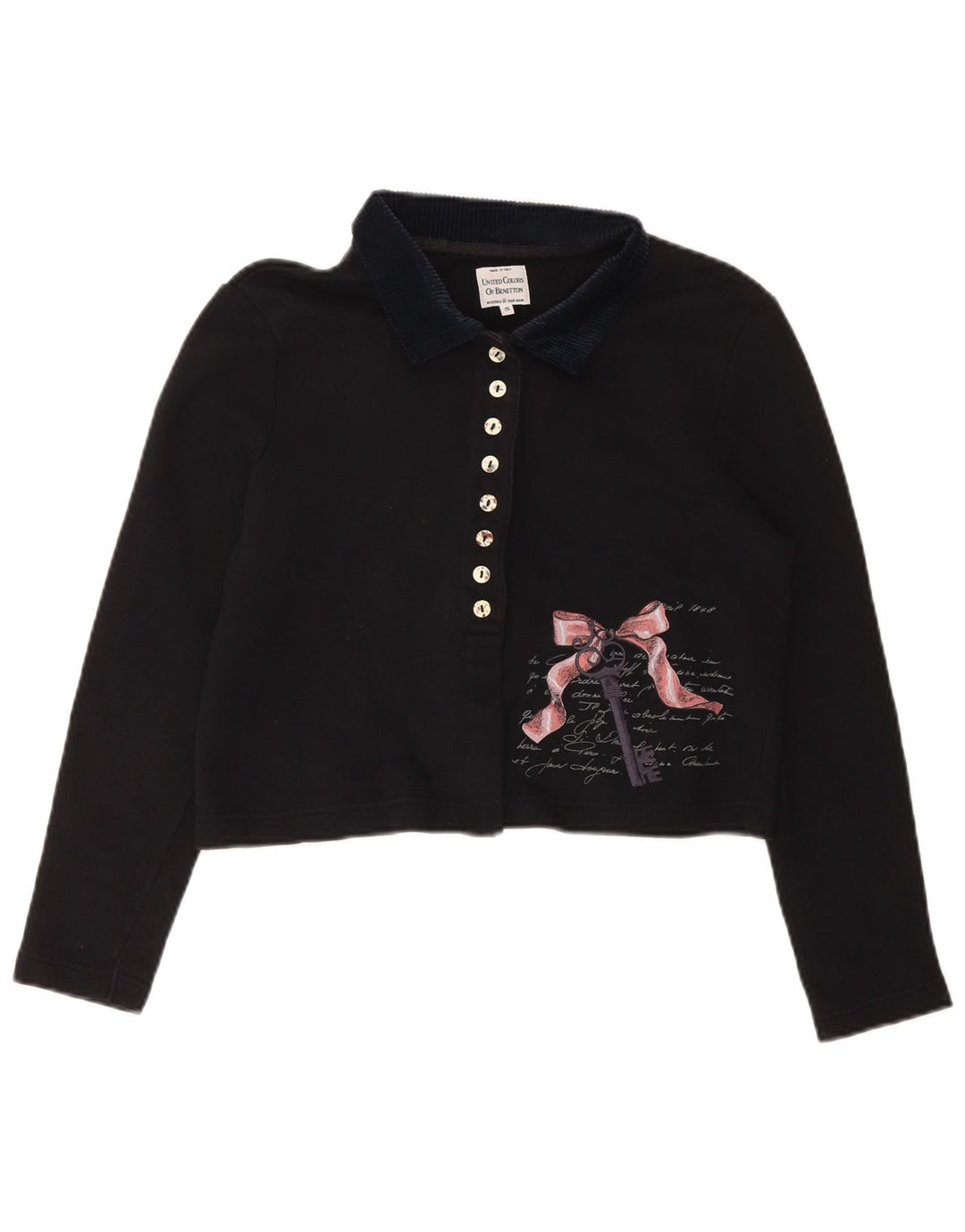 BENETTON Damen Übergroßes Grafik-Crop-Poloshirt UK 10 Small Schwarz