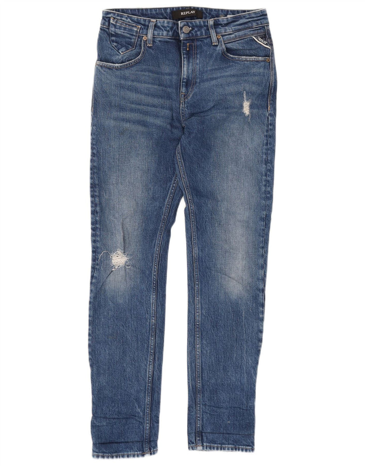 REPLAY Damen Distressed Slim Jeans W28 L30 Blaue Baumwolle