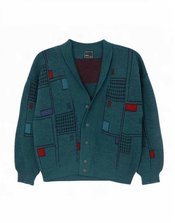 Vintage Herren Cardigan Pullover XL Grüne geometrische Wolle